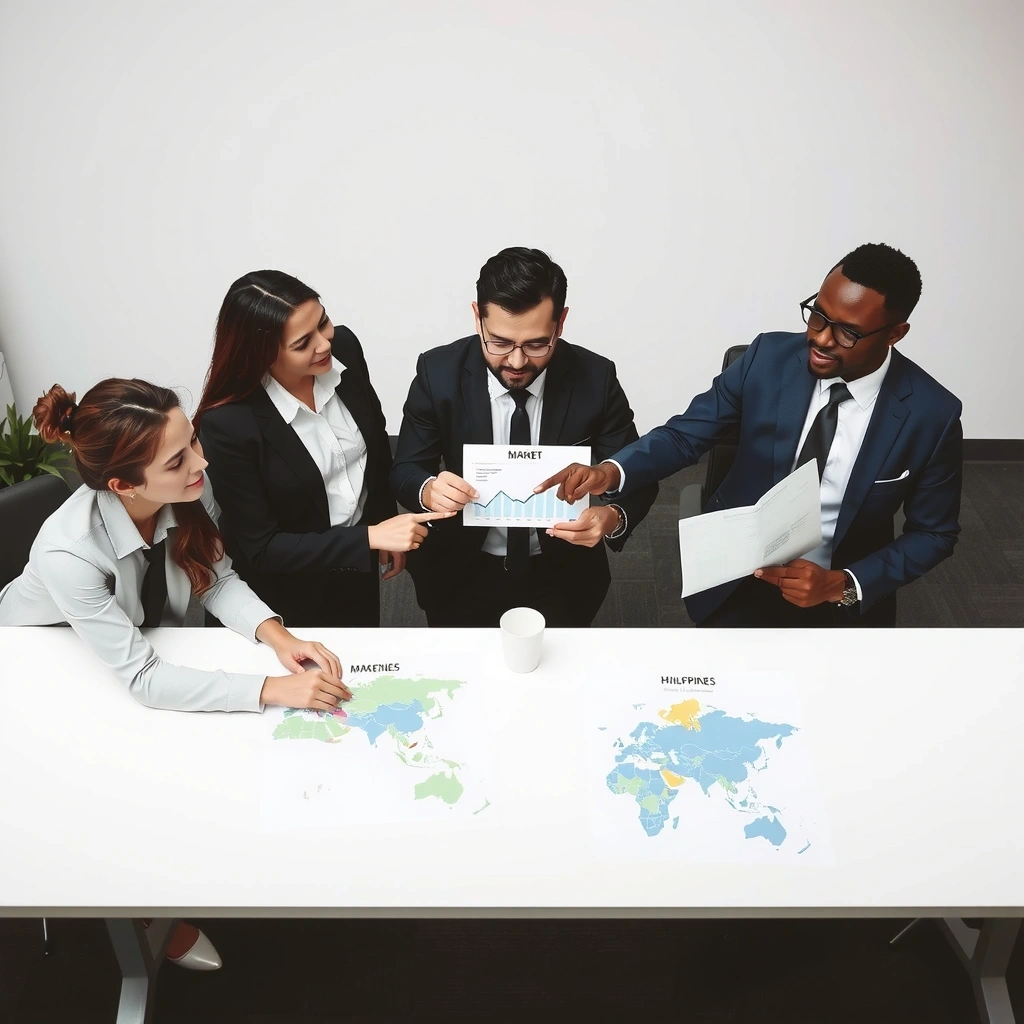 Professional team members discussing market analysis with charts showing Philippine business growth trends and international expansion strategies