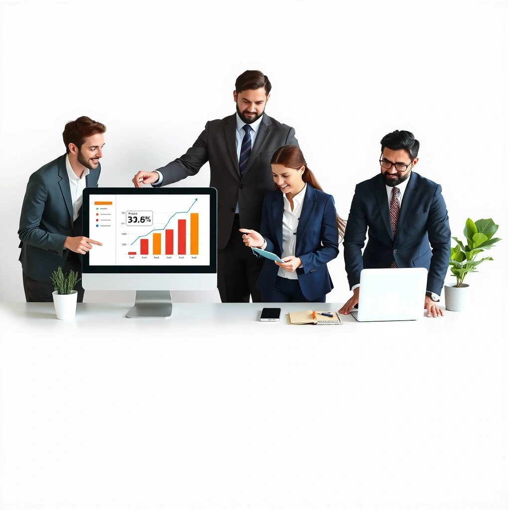 Team collaboration in modern office setting with business growth charts and marketing strategies