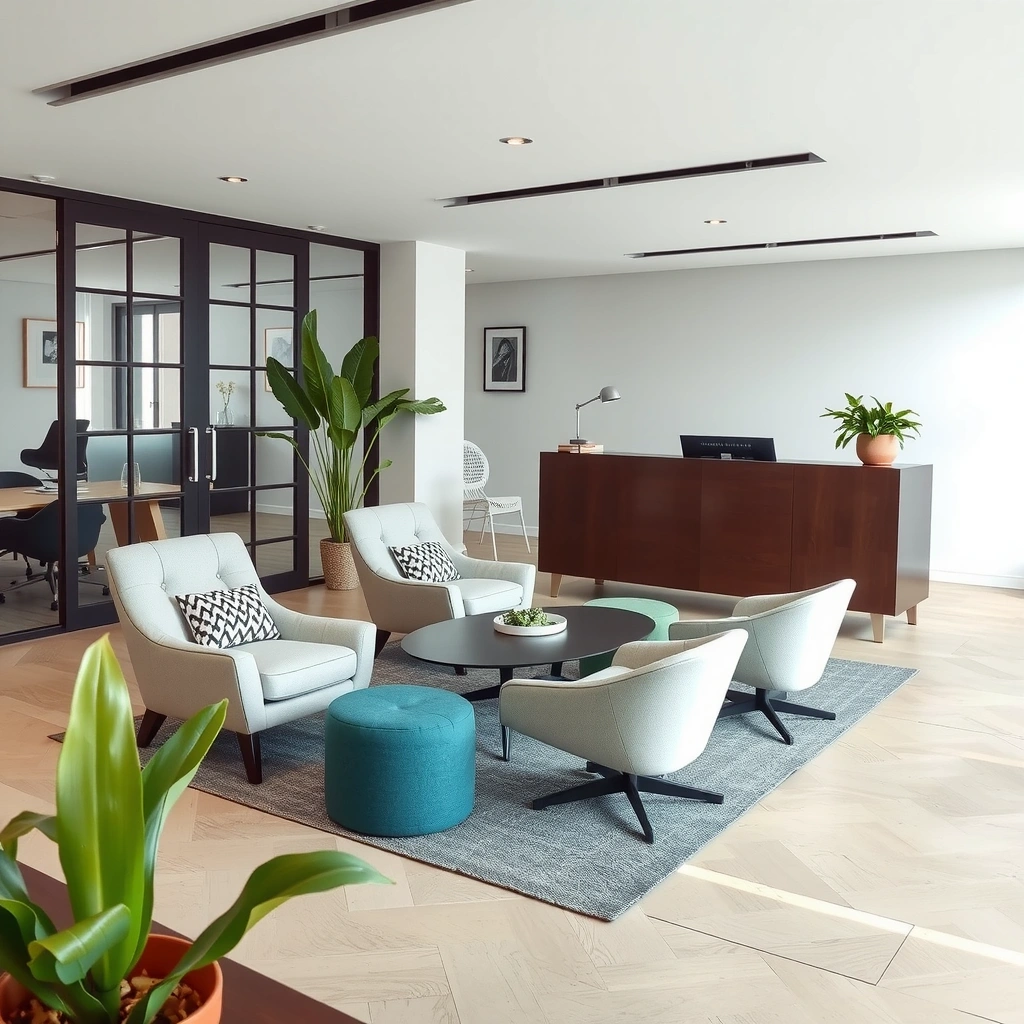 Modern office reception area with contemporary design and comfortable seating