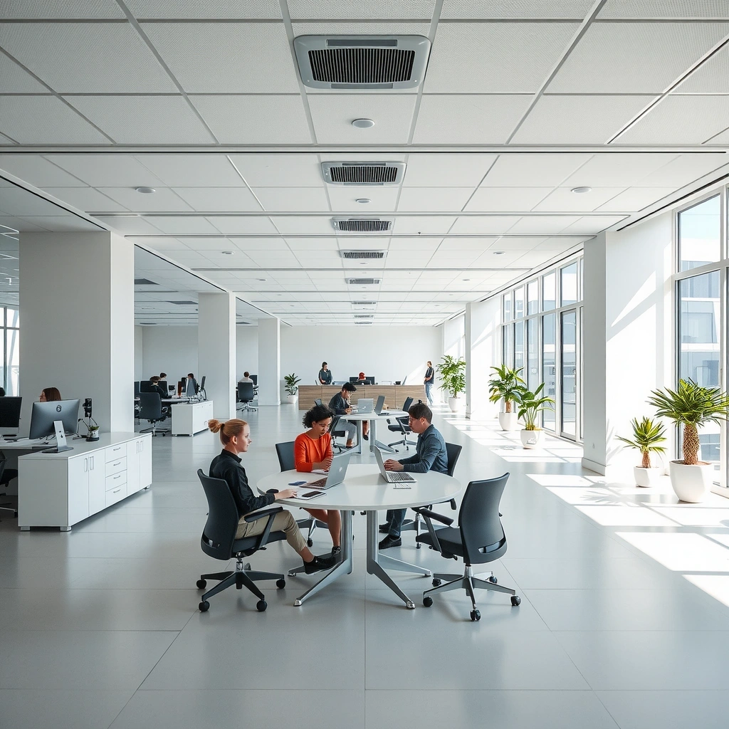 Open plan workspace with modern desks and collaborative areas