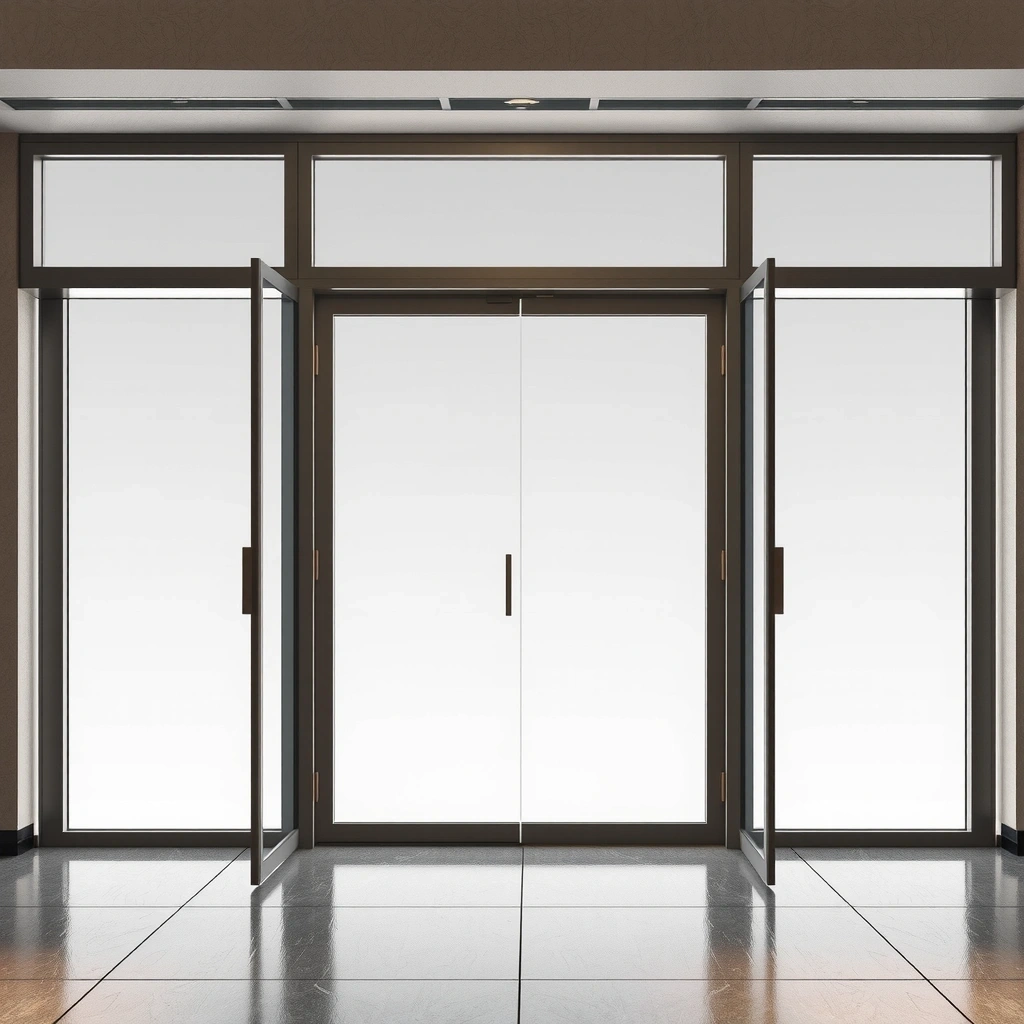 Professional office entrance with modern glass doors and corporate branding
