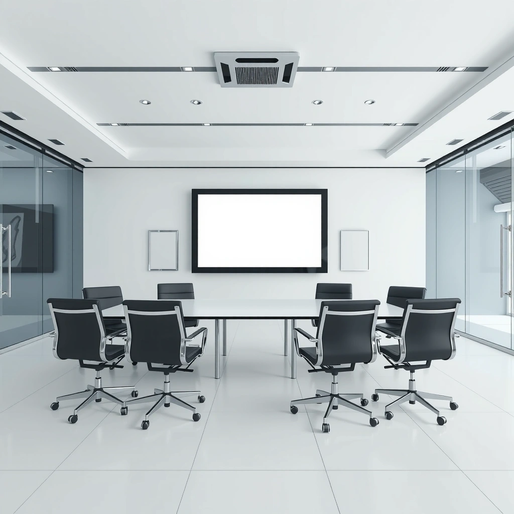 Spacious meeting room with modern conference setup and large presentation screen